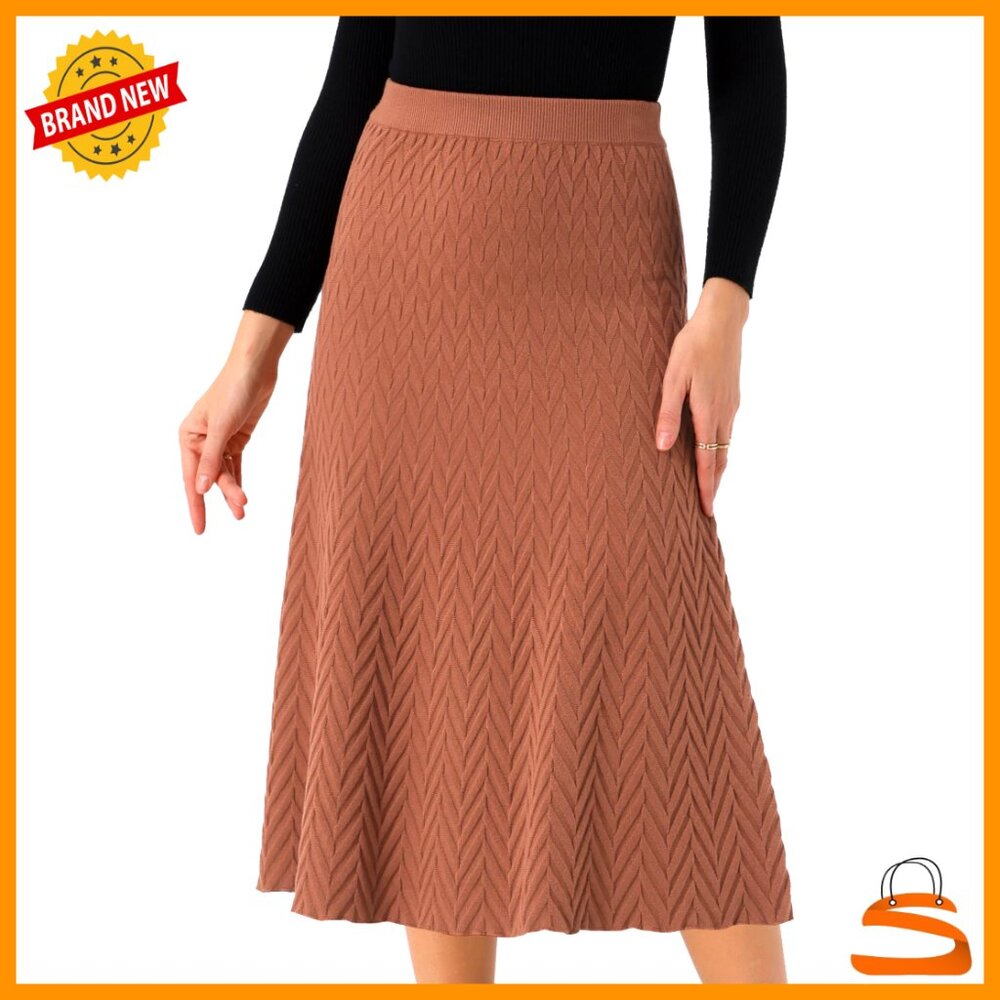 Ribbed Knit A-Line Midi Skirt Elastic High Waist Stretchy Sweater Chic